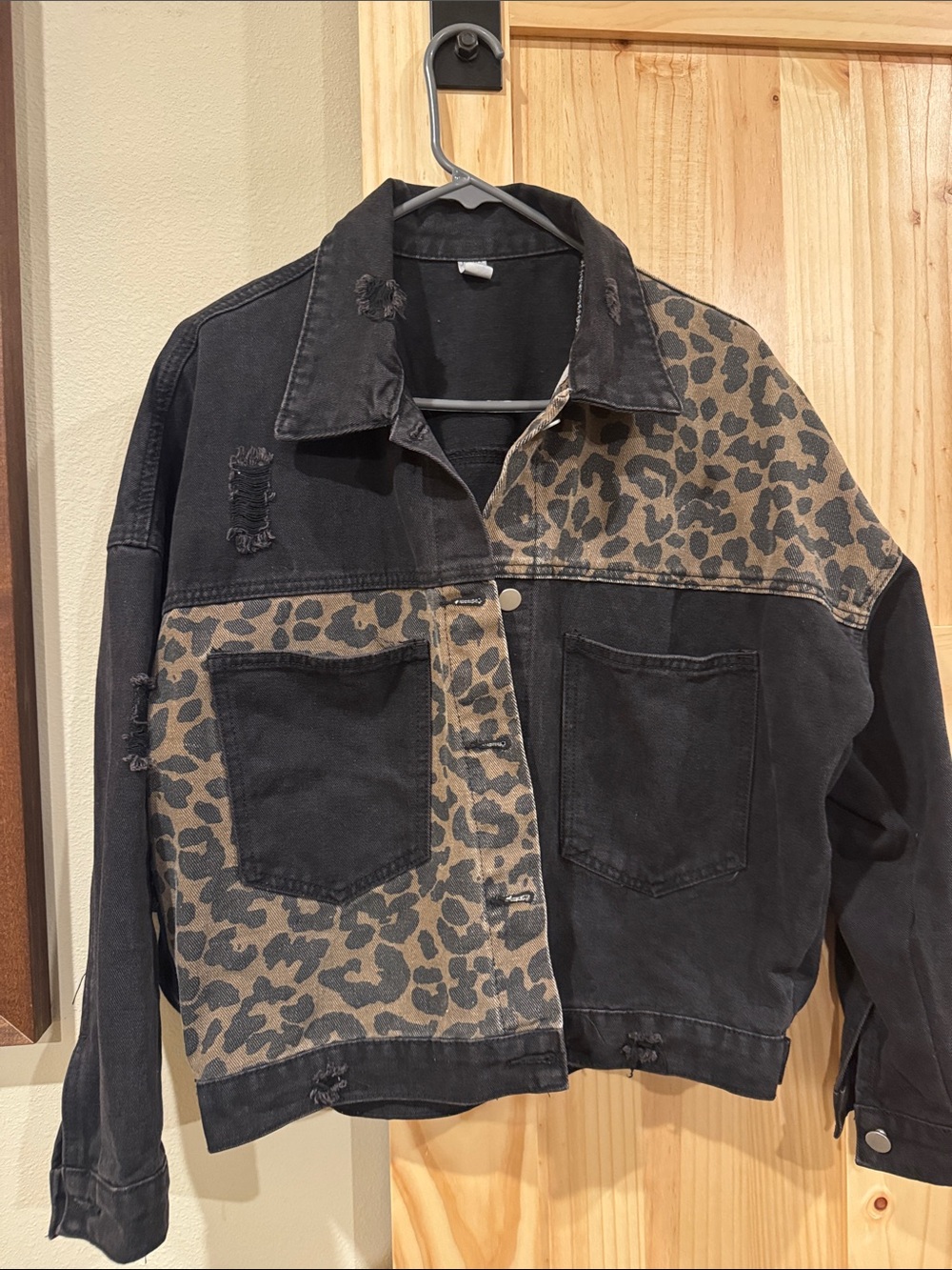 Amazon Black Denim Jacket with Brown Leopard Panels